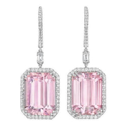 Pink Kunzite And Natural Earth Mined Diamonds 22.50 Ct Lady Dangle Earrings White Gold 14K