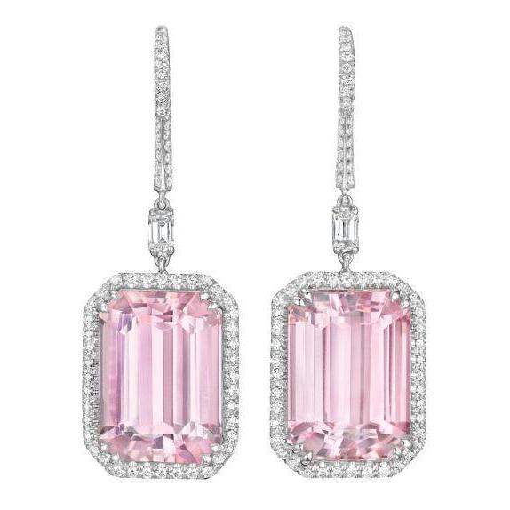 Pink Kunzite And Diamonds 22.50 Ct Lady Dangle Earrings White Gold 14K Gemstone Earring