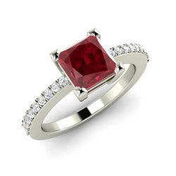 Princess And Round Cut 3.45 Ct. Ruby And Diamonds Ring White Gold 14K