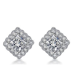 Princess & Round Cut 2.32 Ct Diamond Stud Earrings Halo White Gold 14K