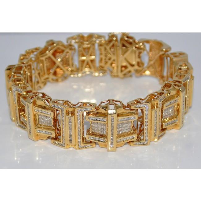Princess And Round Cut 9 Carats Diamonds Mens Bracelet Yellow Gold 14K Mens Bracelet