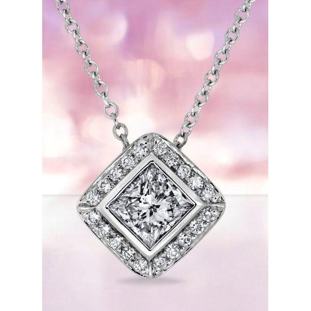 Princess And Round Halo 4 Ct. Diamond Necklace Pendant White Gold 14K Pendant