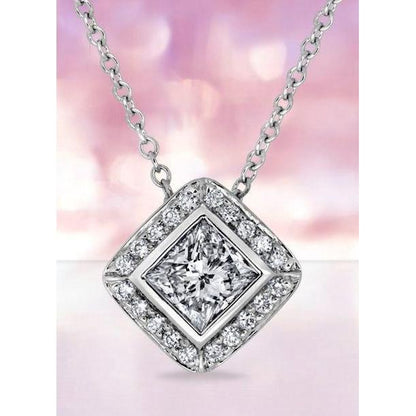 Princess And Round Halo 4 Ct. Diamond Necklace Pendant White Gold 14K Pendant