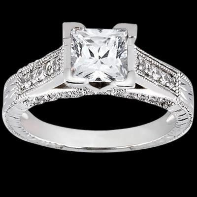 Princess Center Vintage Style White Gold Diamond Solitaire Ring with Accents 