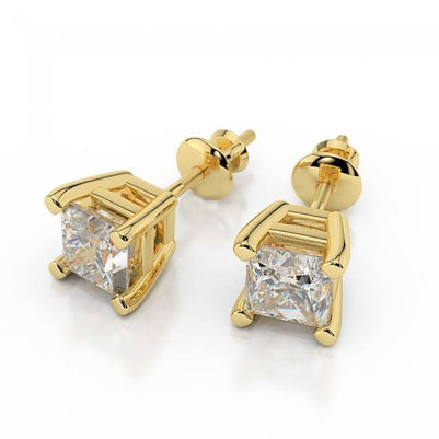 Princess Cut  Diamonds Studs Earrings Yellow Gold Stud Earrings