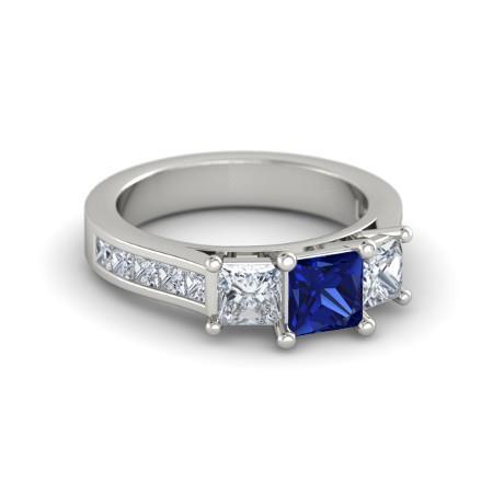 Princess Cut   Women Jewelry    Ceylon Sapphire And Diamonds   White Gold  Gemstone Ring