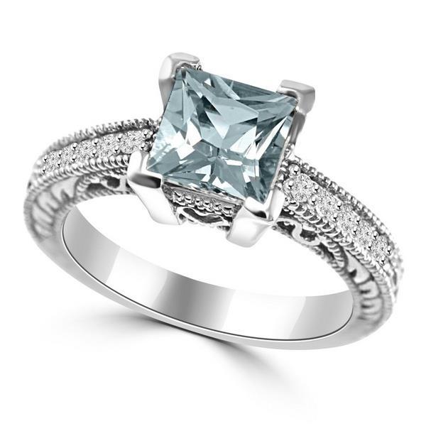  Sparkling Unique Lady’s Princess Cut Aquamarine With Round Diamonds   Ring White Gold Gemstone Ring