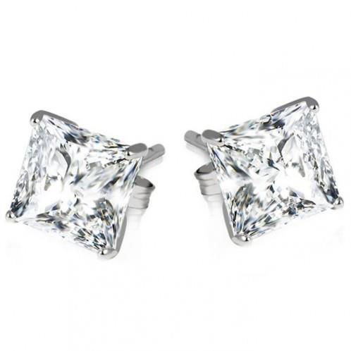 Princess Cut Half bazel fancy Engagement White Gold Diamond Stud Earrings
