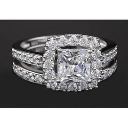 Princess Cut Natural Earth Mined Diamond 3 Carats Halo Ring Split Shank Style