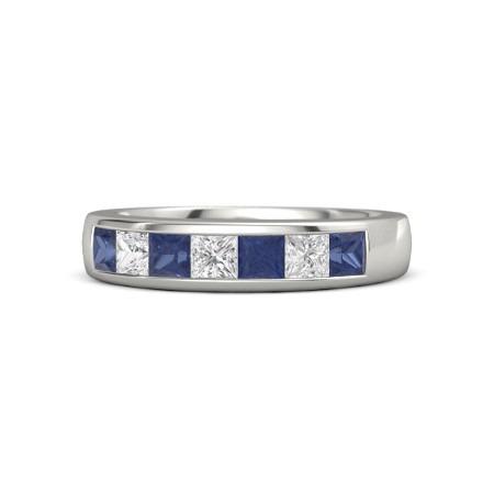 Princess Cut Diamond Blue Sapphire Band Channel Set F Vs1 Vvs1 White Gold 14K Gemstone Ring