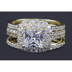 Princess Cut Diamond Halo Setting Yellow Gold 14K Anniversary Ring Set Halo Ring