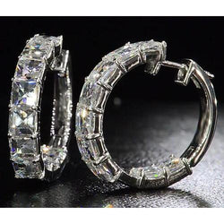 Asscher Cut Natural Earth Mined Diamond Hoop Earring 5.40 Carats White Gold 14K