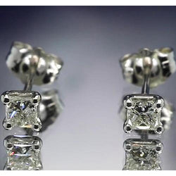 Princess Diamond Stud 1.20 Carats Earring Four Prong Set White Gold