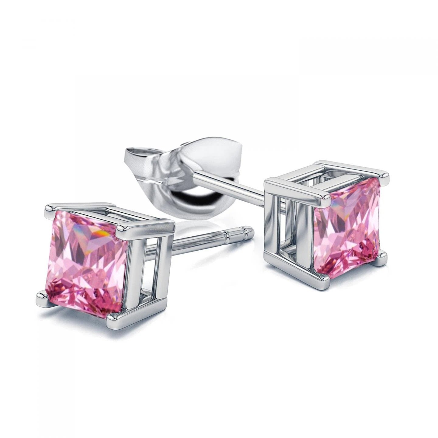 Princess Cut Prong Set Woman's  Weeding Anniversary  Pink Sapphire Studs Earrings White Gold Gemstone Earring