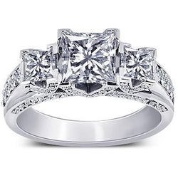 Princess & Round Diamond 3 Carat 3 Stone Style Engagement Ring