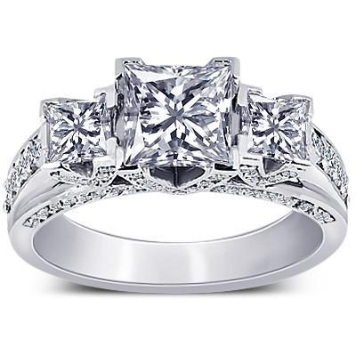 Princess & Round Diamonds 3 Carat 3 Stone Style Engagement Ring Gold Three Stone Ring