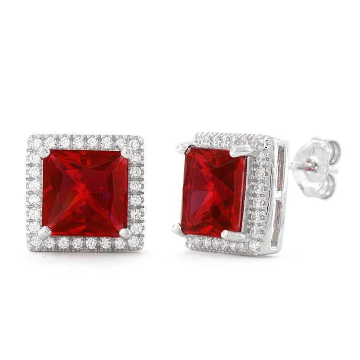 Princess Ruby And Round Diamonds Fancy Lady’s Vintage Style   Studs Earrings Gold