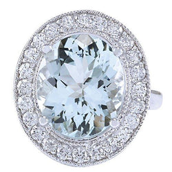 Prong Set 11 Ct Round Aquamarine And Natural Earth Mined Diamonds Ring White Gold 14K