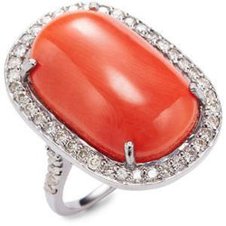 Prong Set 14 Carats Oval Red Coral With Round Natural Earth Mined Diamond Ring