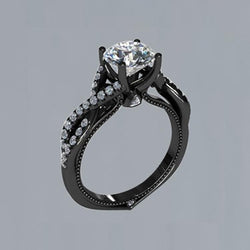 2 Carats Round Diamond Black Gold 14K Ring Solitaire With Accents