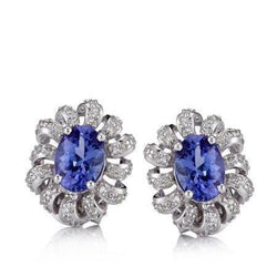 3 Ct Tanzanite And Natural Earth Mined Diamonds Lady Studs Earrings Gold Jewelry
