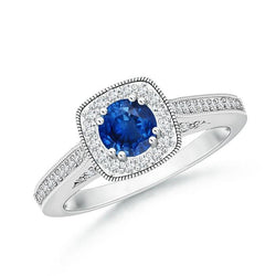 3.25 Carats Round Sapphire & Natural Earth Mined Diamonds Halo Ring White Gold 14K