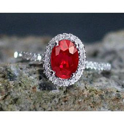3.65 Ct Halo Red Ruby And Natural Earth Mined Diamonds Wedding Ring White Gold 14K