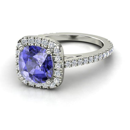 Prong Set New Ladies   Blue Tanzanite With Diamonds Ring White Gold   Gemstone Ring