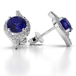 Prong Set 5.20 Carats Round Cut Sapphire With Natural Earth Mined Diamonds Stud Earrings