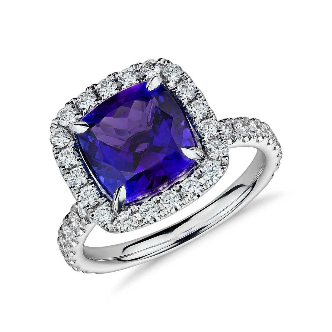 Prong Set Women Jewelry Sparkling  Cushion Tanzanite With Round Diamonds Ring Gold Gemstone Ring