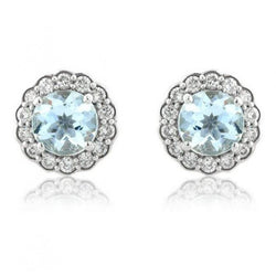 5.60 Carats Round Aquamarine With Natural Earth Mined Diamonds Earrings White Gold 14K