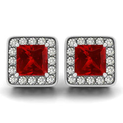 6.70 Ct Ruby With Natural Earth Mined Diamonds Lady Studs Earrings White Gold 14K