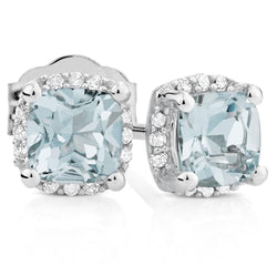 Aquamarine And Natural Earth Mined Diamonds Halo 6.80 Ct Studs Earrings