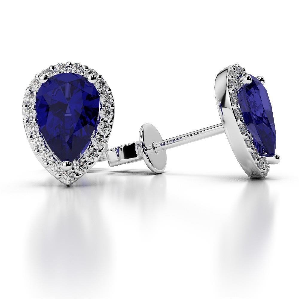 Prong Set Ceylon Sapphire And Diamonds 5.20 Carats Lady Studs Halo White Gold 14K Studs- Halo