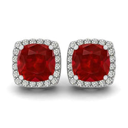 Cushion Ruby IGI CERTIFIED With Diamonds 8.40 Carats Studs Earrings Halo Gold 14K