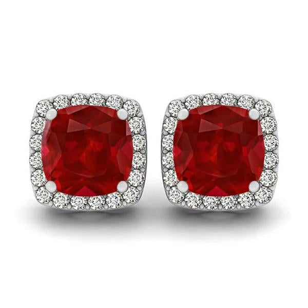 Prong Set Cushion Ruby With Diamonds 9.50 Ct Studs Earrings Halo Gold 14K Gemstone Earring