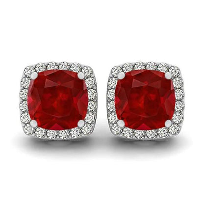 Prong Set Cushion Ruby With Diamonds 9.50 Ct Studs Earrings Halo Gold 14K Gemstone Earring