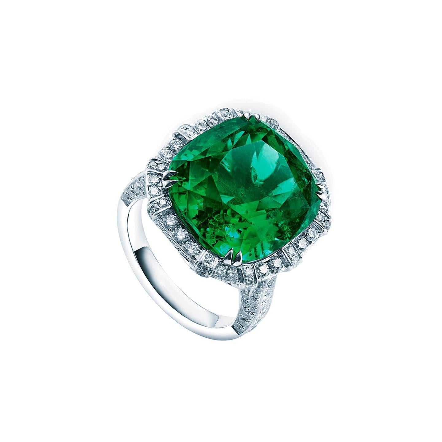 Unique Lady’s Prong Set Green Emerald With Diamonds  Ring Gold Gemstone Ring