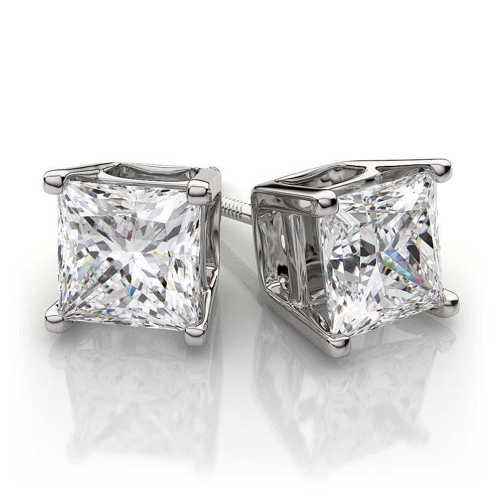 Prong Set Princess Cut Diamonds Studs Earrings White Gold 