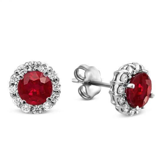 Prong Set Red Ruby And Diamonds 5.90 Carats Studs Earrings White Gemstone Earring