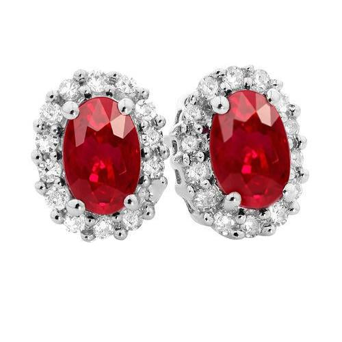 Prong Set Red Ruby And Diamonds 6.10 Ct Pave Halo Studs Earrings White Gold Gemstone Earring
