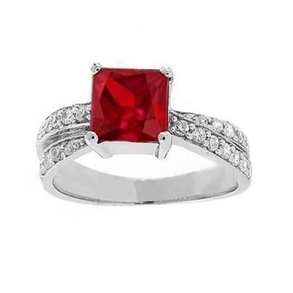 Prong Set Red Ruby With Diamonds  Lady’s Brilliant Engagement Ring White Gold Gemstone Ring