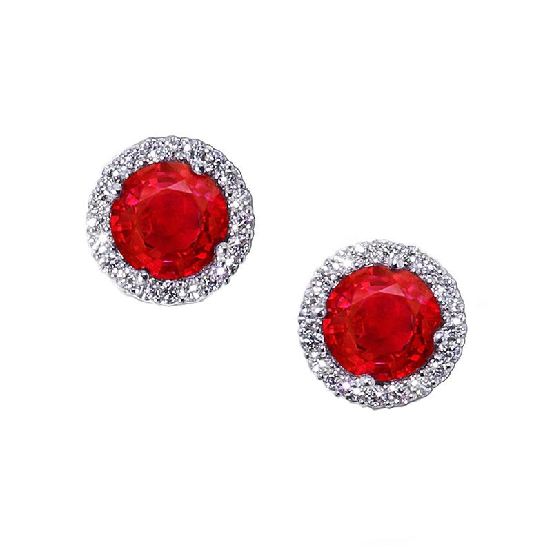 Prong Set Red Ruby With Diamonds  Woman's  Weeding Anniversary    Studs Earrings White Gold Halo Gemstone Earring