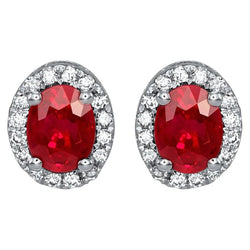 Oval Ruby And Diamonds 6 Carats Lady Studs Earrings 14K Gold