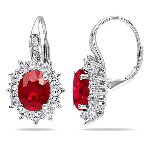 Prong Set Ruby And Diamonds 7.50 Ct Dangle Earrings  Ladies Brilliant Sparkling   White Gold Gemstone Earring