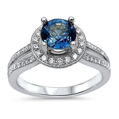  Lady’s Prong Set Sri Lanka Sapphire & Diamonds   Ring White Gold  Gemstone Ring