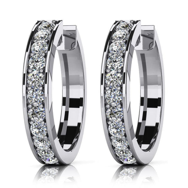 Prong Set White Gold Lined Hoop Diamonds Earrings Round Cut