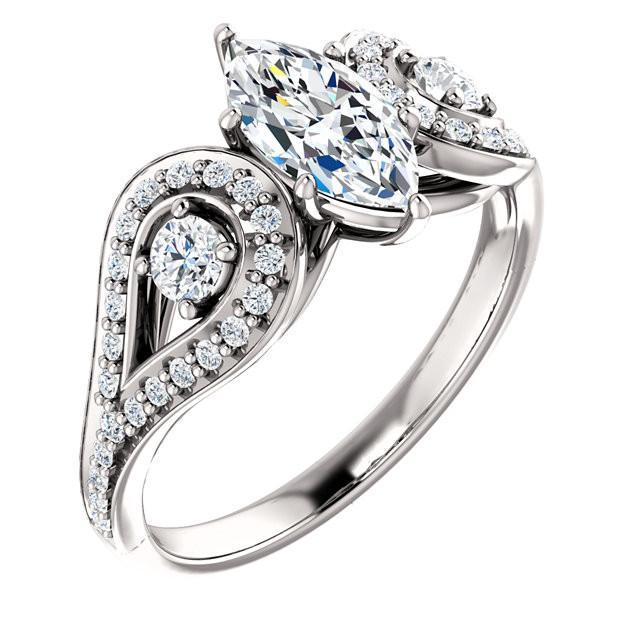  Three Stone Style  Lady’s Vintage Style White Gold Diamond Solitaire Ring with Accents 