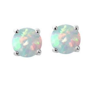 Womans Prongs Set Round Cut   Opal Studs Earrings White Gold   Gemstone Earring