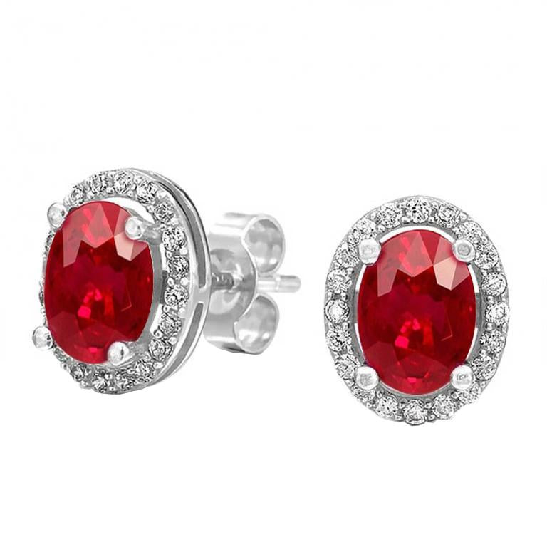 Prongs Set Ruby And Diamonds   Studs Earrings   White Gold Gemstone Earring